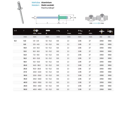 100 x Standard Blindniet Popniet Flachkopf Alu/Stahl Ø 5,0mm x 8mm Klemmbereich: 2,5-4,0mm