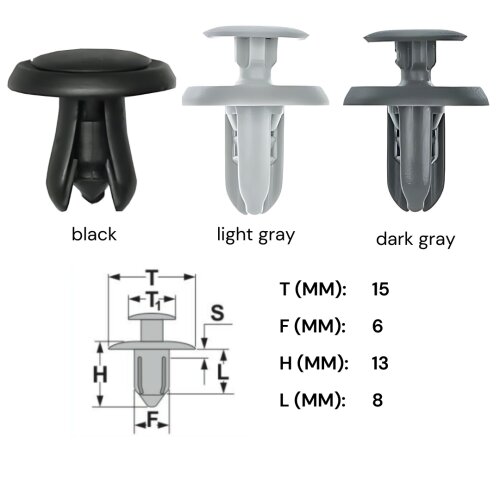 Ø 6 mm Kopf-Ø 15 mm Befestigungs Clips KFZ Auto Halter für Türen, Radkasten, Stoßfänger - kompatibel mit Mitsubishi MR288150, Subaru 909130013, Suzuki schwarz