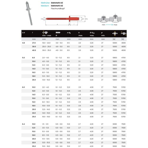 100 x Standard Blindniet Edelstahl A2/A2 Popniet Flachkopf 5,0mm x 10mm Klemmbereich: 4,0 - 6,0 mm