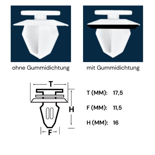 Ø 11,5 mm Kopf-Ø 17,5 mm Türverkleidung Clips Befestigung Klips Halter für Peugeot weiß 6991T3 ohne Gummi