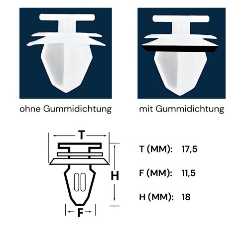 Ø 11,5 mm Kopf-Ø 17,5 mm Türverkleidung Clips Befestigung Klips Halter Citroen Peugeot weiß 6991S6 ohne Gummi